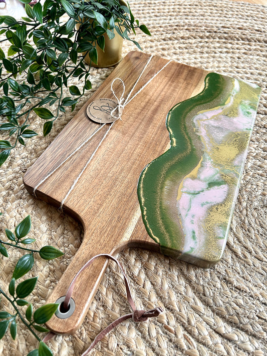 Resin Art Acacia Wood Serving Board - Pink, Green and Gold