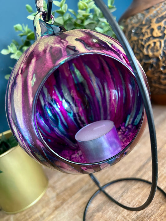 Alcohol Ink Hanging Bauble Candleholder - Peacock