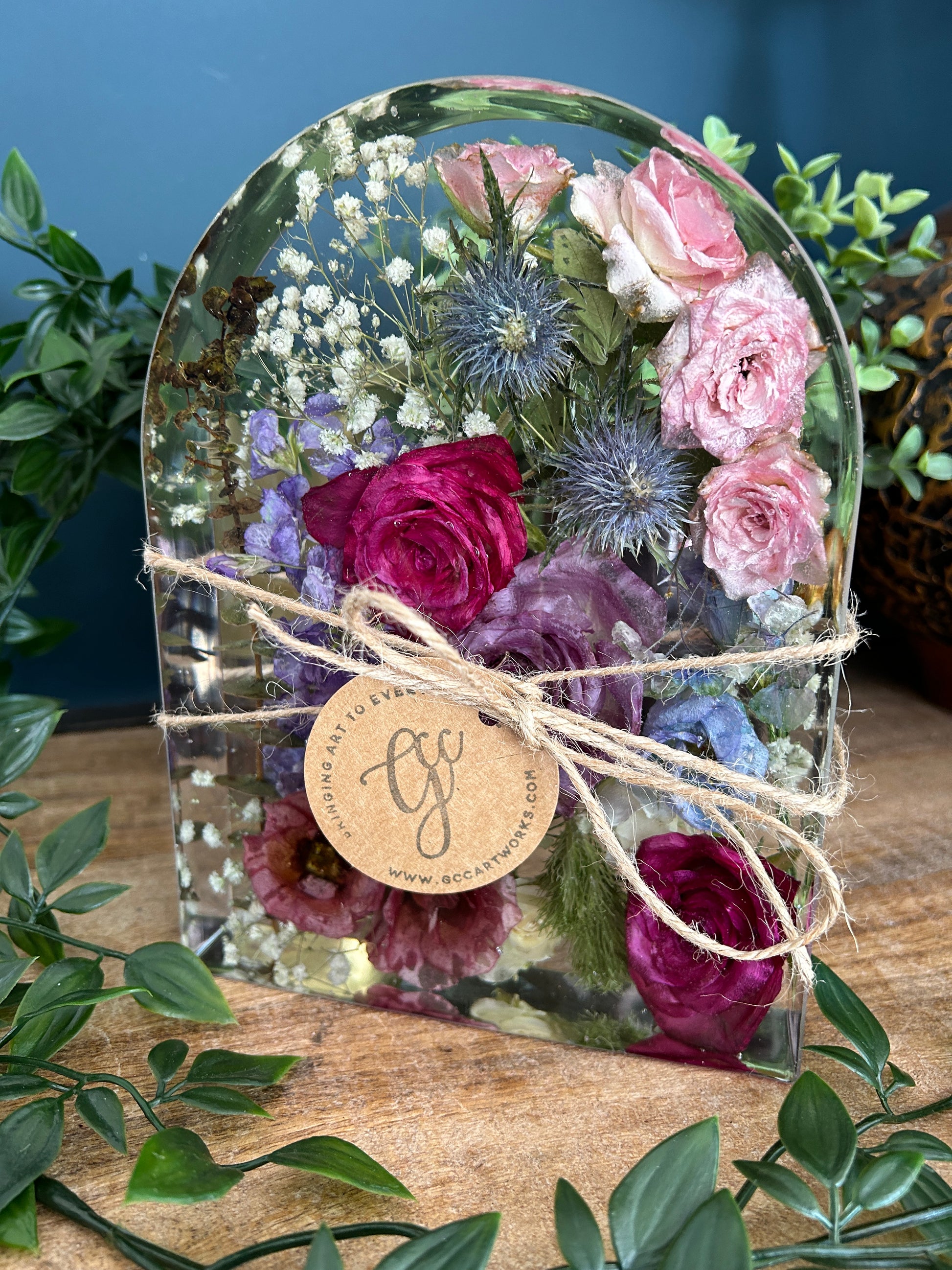 Memorial wedding flowers preserved in resin arch keepsake, perfect book end or home decor piece