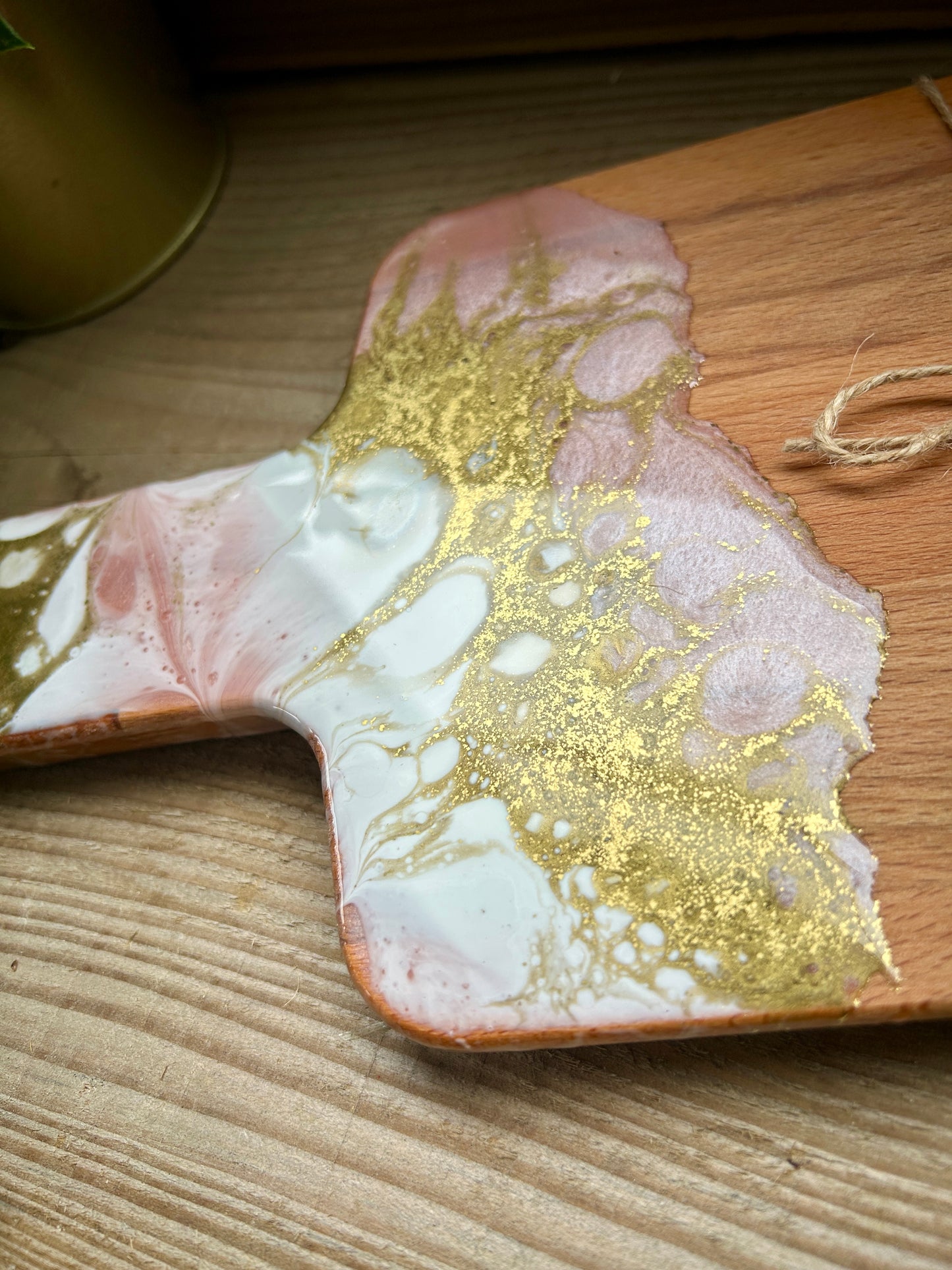 Resin Art Beech Wood Serving Paddle - Pink, White and Gold