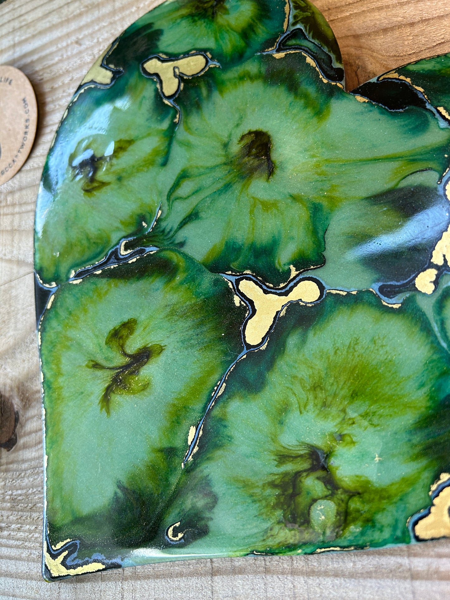 VERDANT BLOOM - green and gold Resin and Alcohol Ink Original Hanging Heart Artwork by uk artist Gemma Taylor of GCC artworks