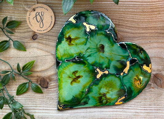 VERDANT BLOOM - Resin and Alcohol Ink Original Hanging Heart Artwork by uk artist Gemma Taylor of GCC artworks