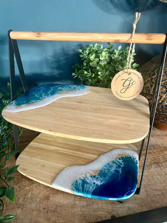 The perfect two tier serving tray for dishing up canapes at the summer BBQ, bring the beach to the garden and wow your guests with this seascape resin art serving platter.