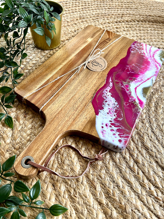 Resin Art Acacia Wood Serving Board - Pink, White and Gold