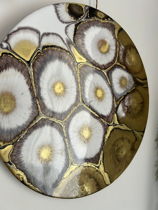 Resin and Alcohol Ink Original Hanging Circle Artwork - White, Black and Gold