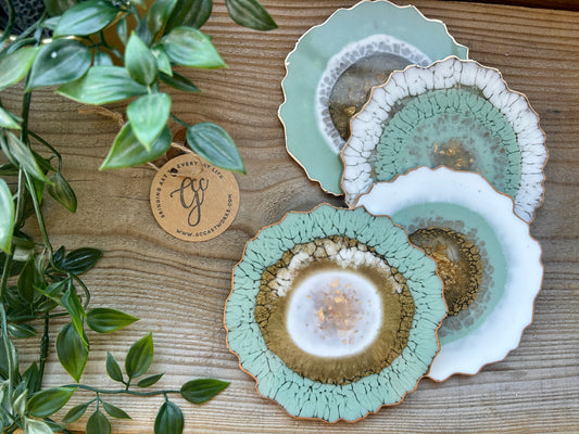 Geode Style Resin Art Coasters - Green, White and Gold