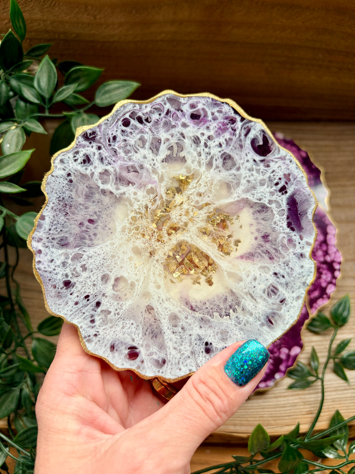 Geode Style Resin Art Coasters - Plum, White and Gold