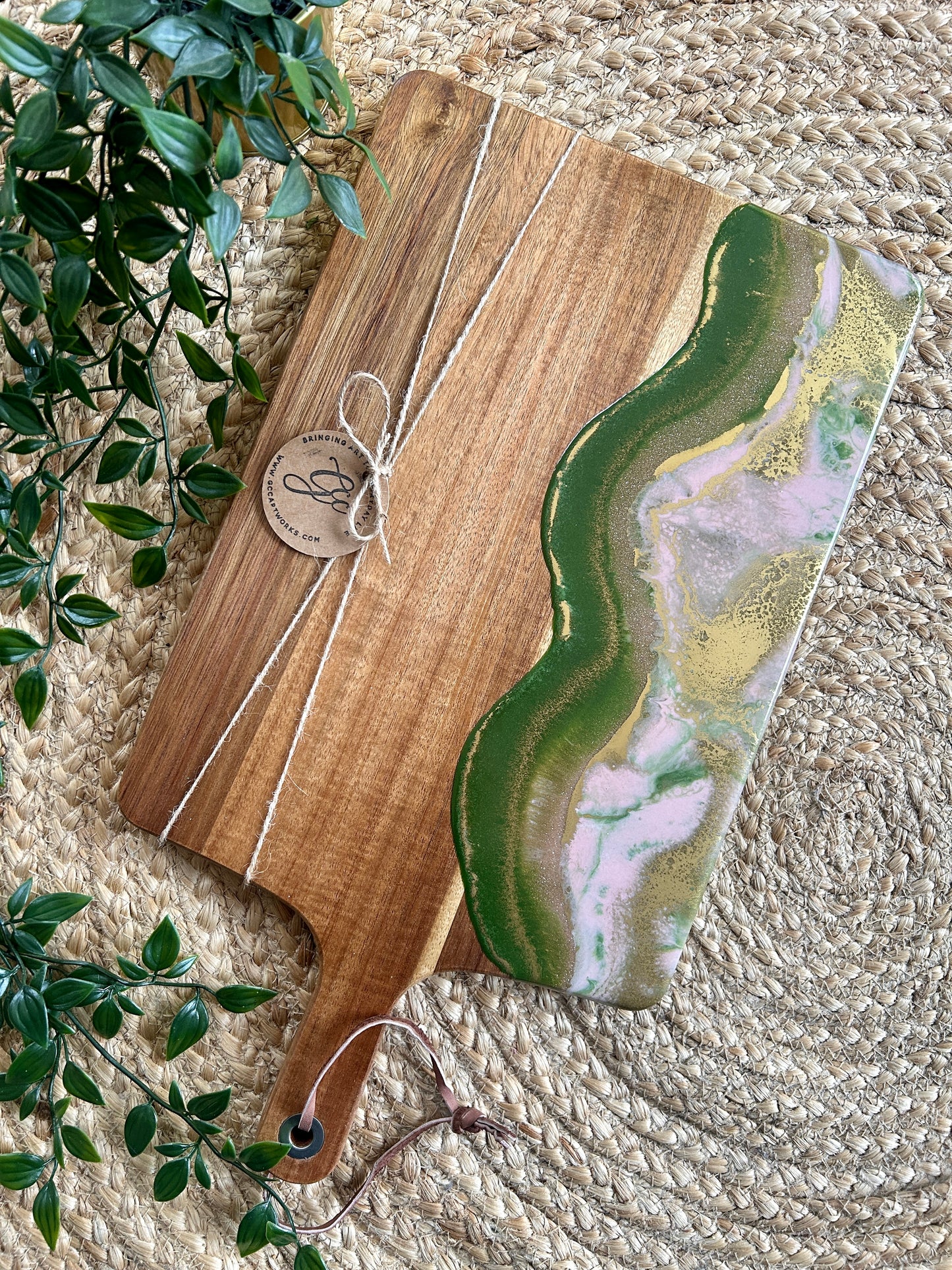 Resin Art Acacia Wood Serving Board - Pink, Green and Gold