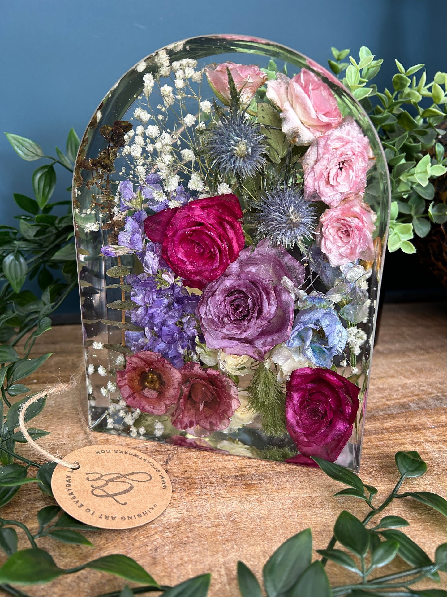 Memorial wedding flowers preserved in resin arch keepsake, perfect book end or home decor piece