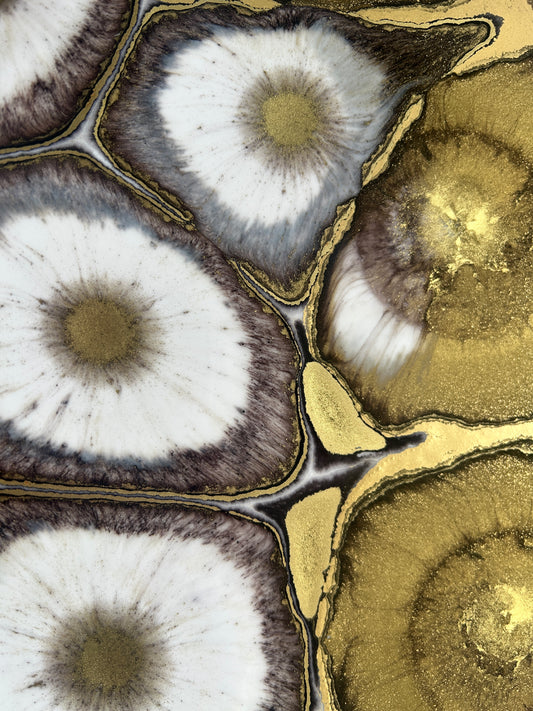 Resin and Alcohol Ink Original Hanging Circle Artwork - White, Black and Gold