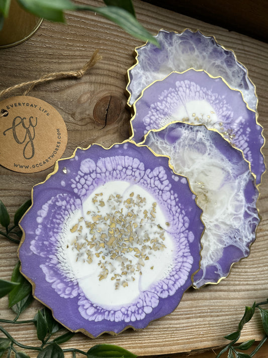 Geode Style Resin Art Coasters - Lilac, White and Gold