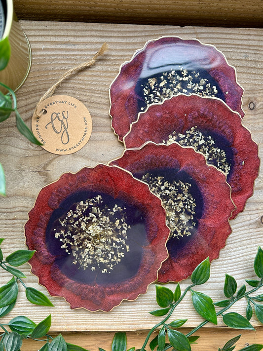 Geode Style Resin Art Coasters - Red, Black and Gold
