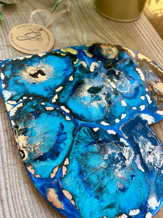 Resin and Alcohol Ink Original Hanging Heart Artwork - Blue and Gold