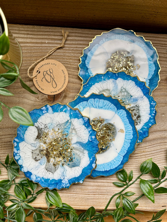 Geode Style Resin Art Coasters - Blue, White and Gold