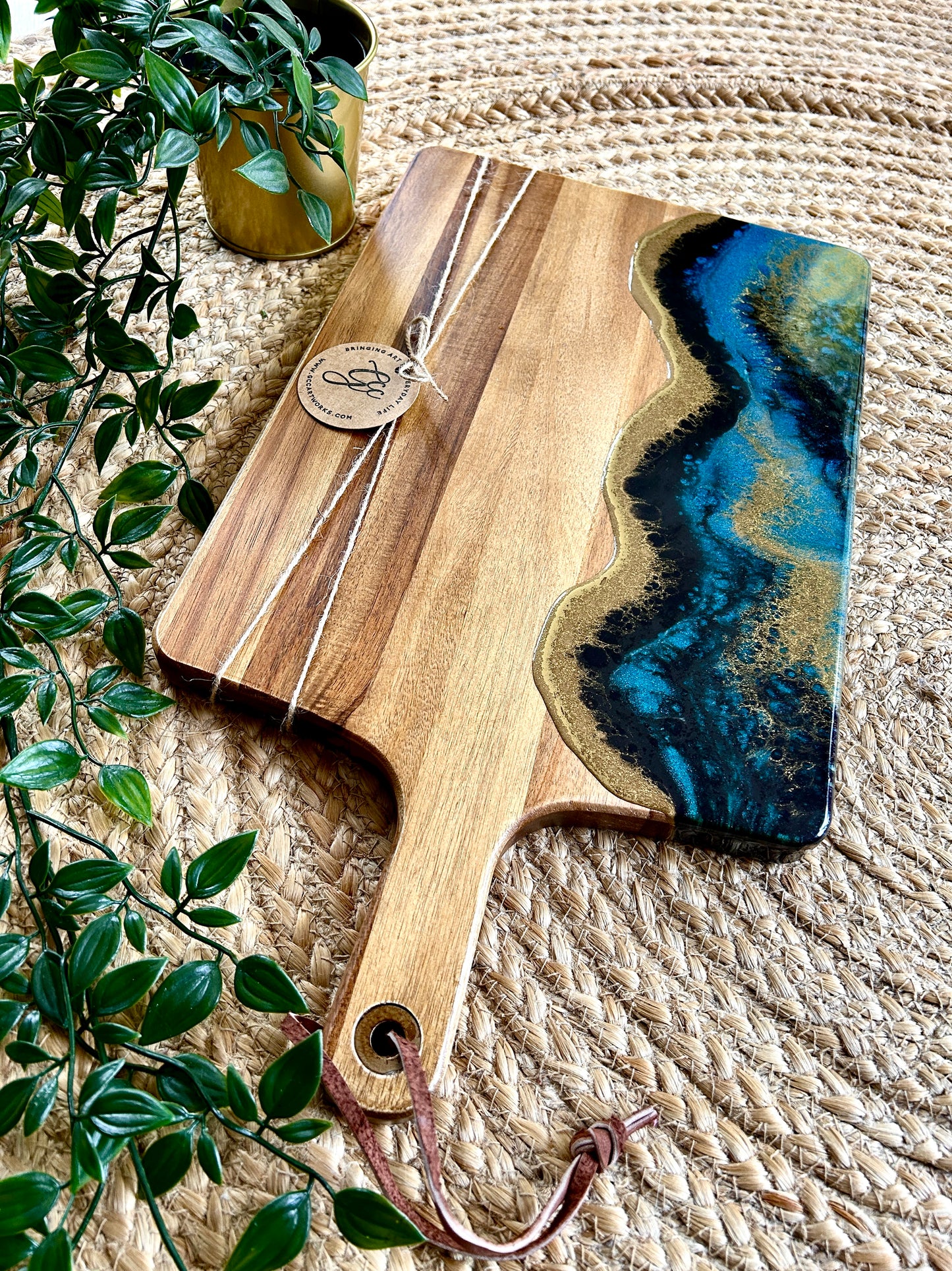 Resin Art Acacia Wood Serving Board - Turquoise, Black and Gold