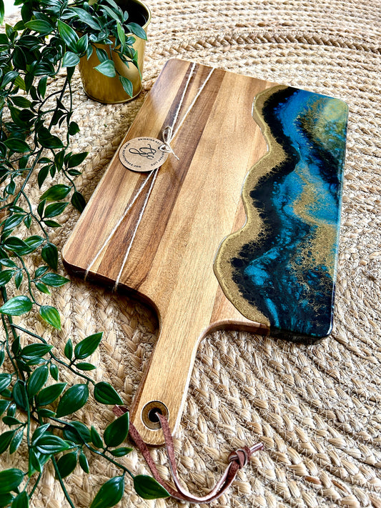 Resin Art Acacia Wood Serving Board - Turquoise, Black and Gold