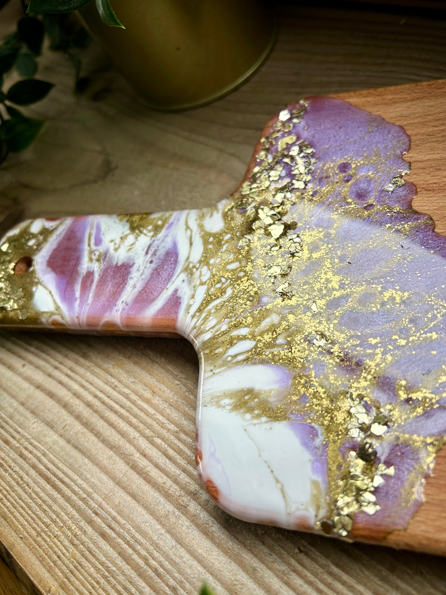 Resin Art Beech Wood Serving Paddle - Purple, White and Gold