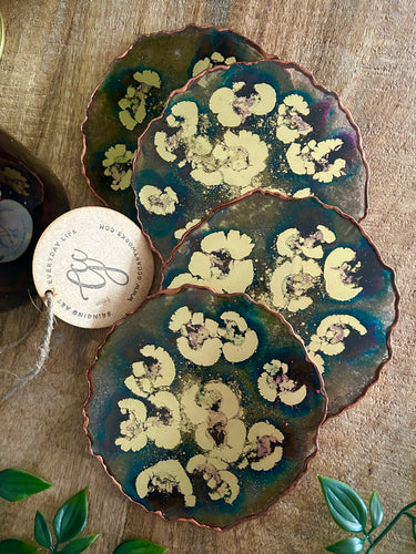 Peacock Teal and Gold Resin Coasters - Set of 4