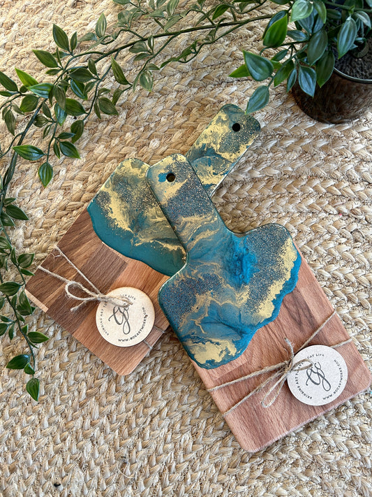 Individual Resin Art Beech Wood Serving Paddle - Turquoise and Gold
