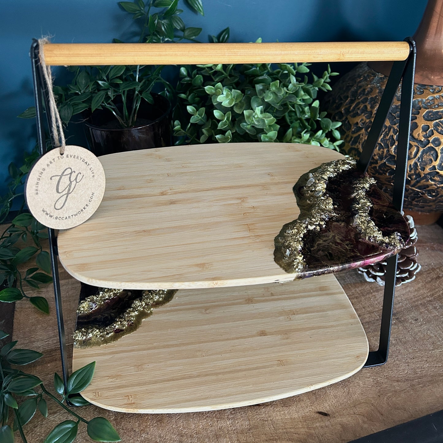 Resin Art Two-Tier Bamboo Serving Stand - Burgundy, Black and Gold