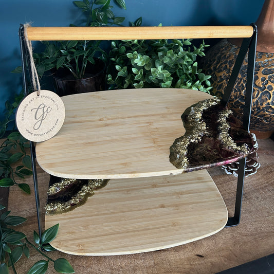 Resin Art Two-Tier Bamboo Serving Stand - Burgundy, Black and Gold
