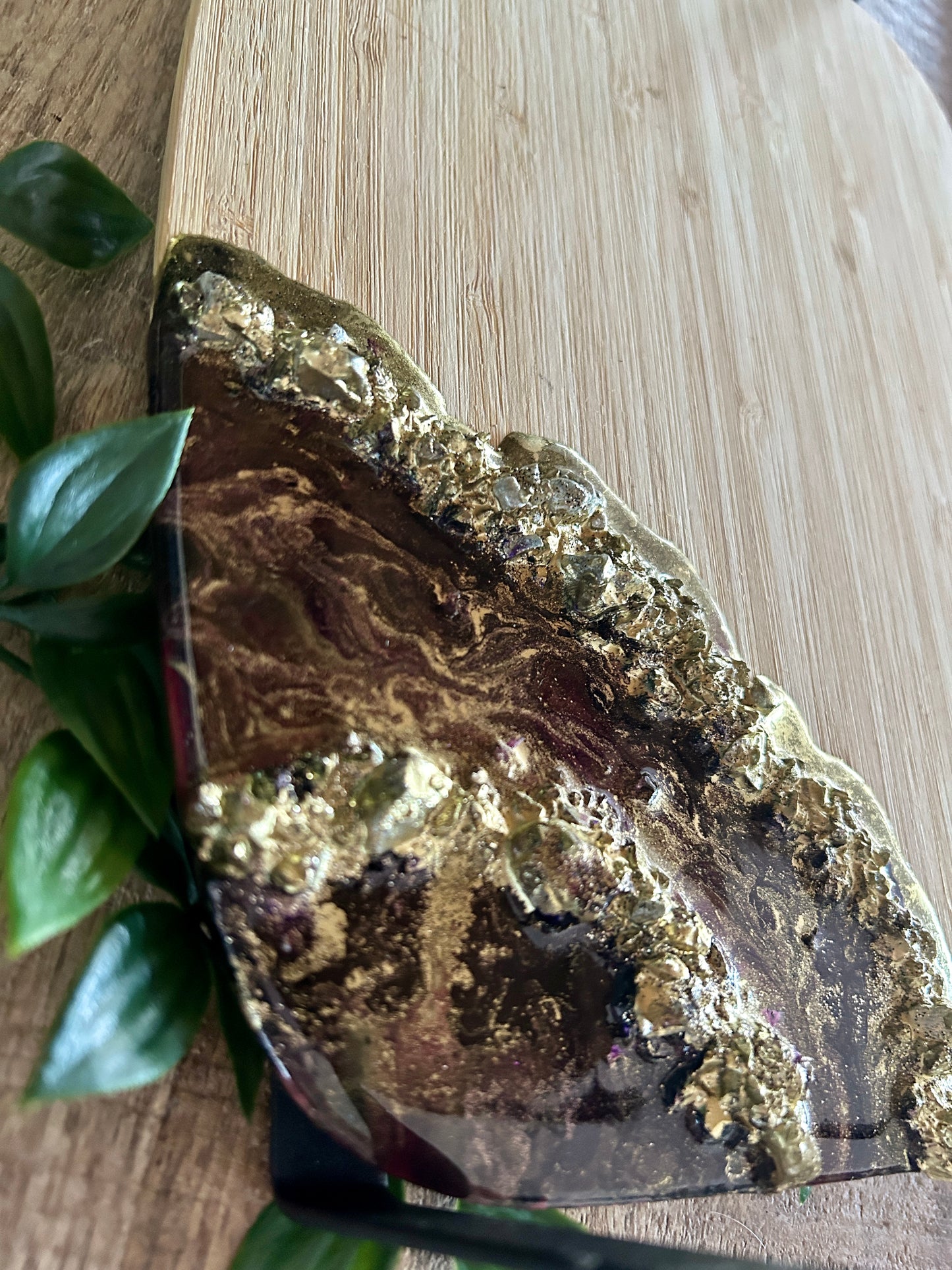 Resin Art Two-Tier Bamboo Serving Stand - Burgundy, Black and Gold