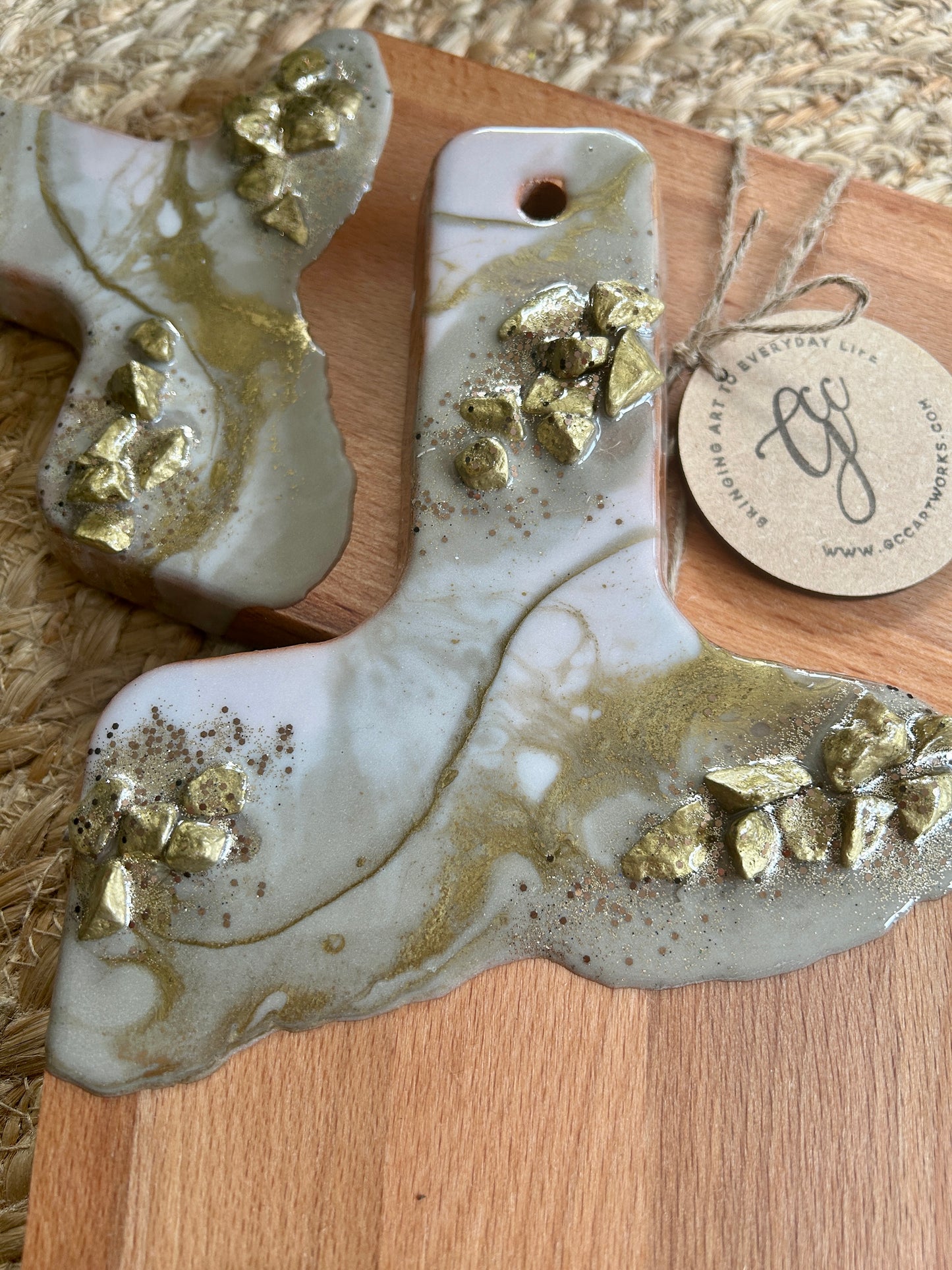 Individual Resin Art Beech Wood Serving Paddle - Taupe, White and Gold