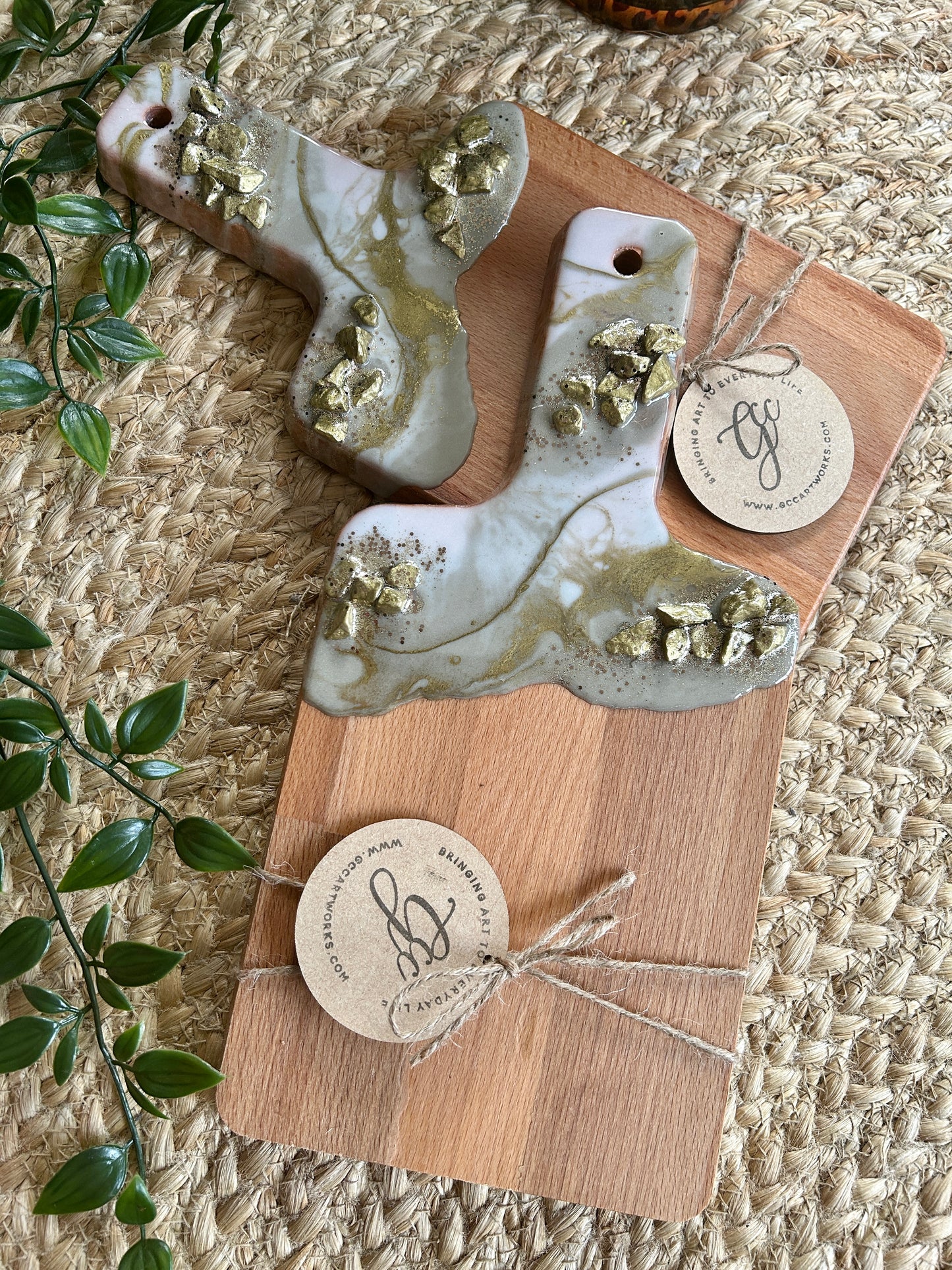 Individual Resin Art Beech Wood Serving Paddle - Taupe, White and Gold