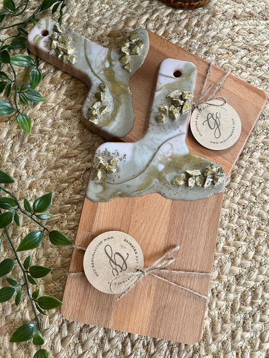 Individual Resin Art Beech Wood Serving Paddle - Taupe, White and Gold