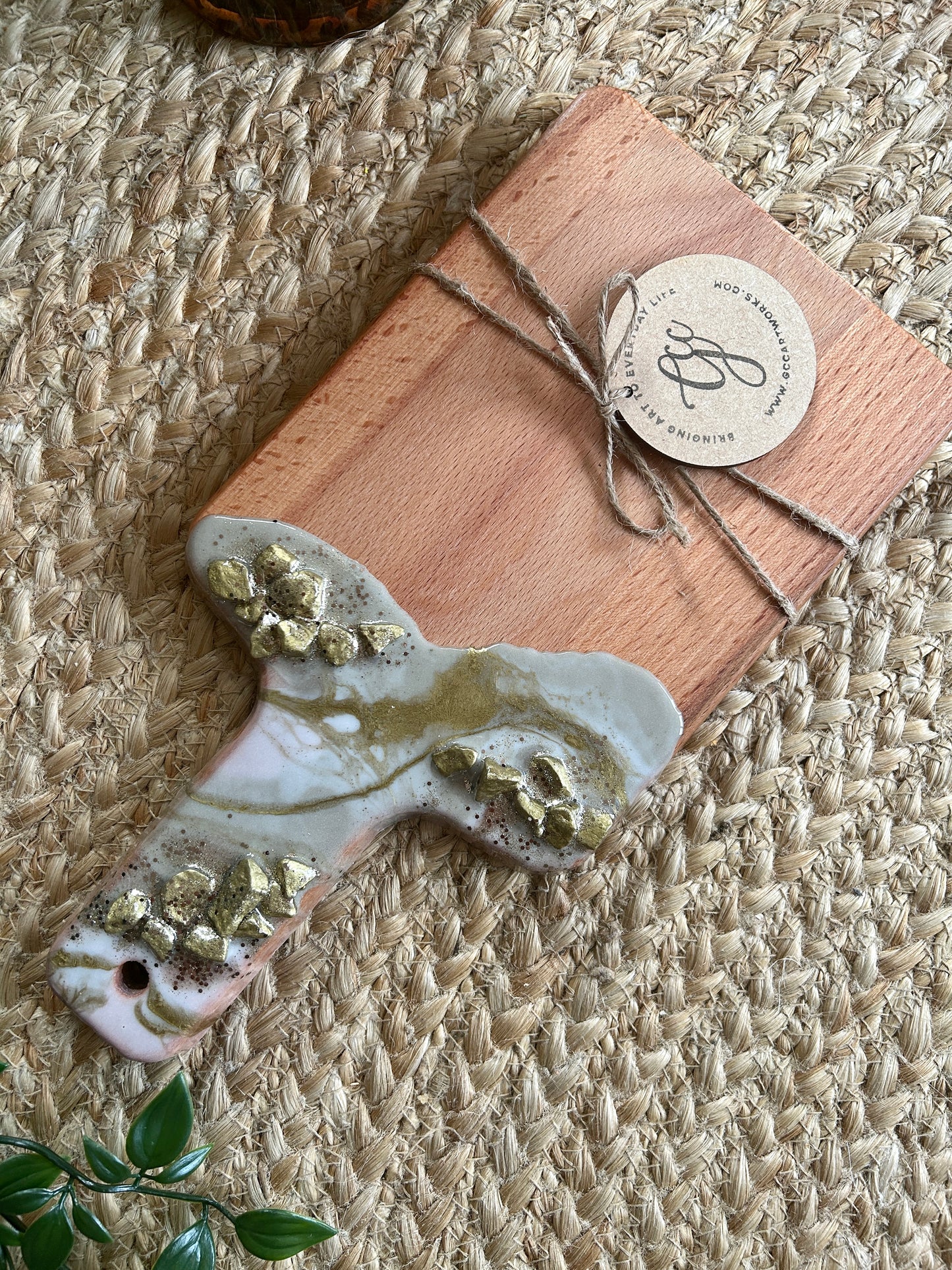 Individual Resin Art Beech Wood Serving Paddle - Taupe, White and Gold