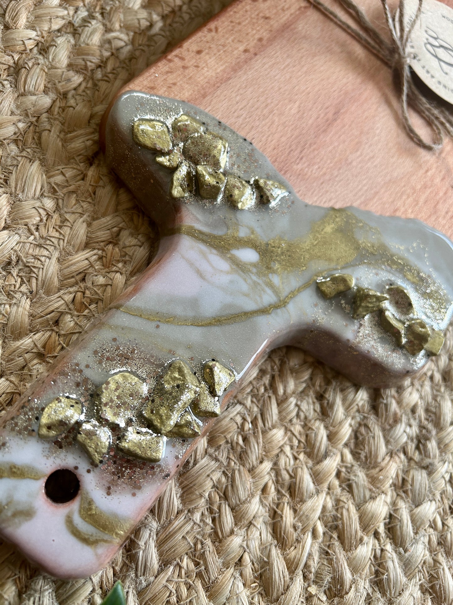 Individual Resin Art Beech Wood Serving Paddle - Taupe, White and Gold