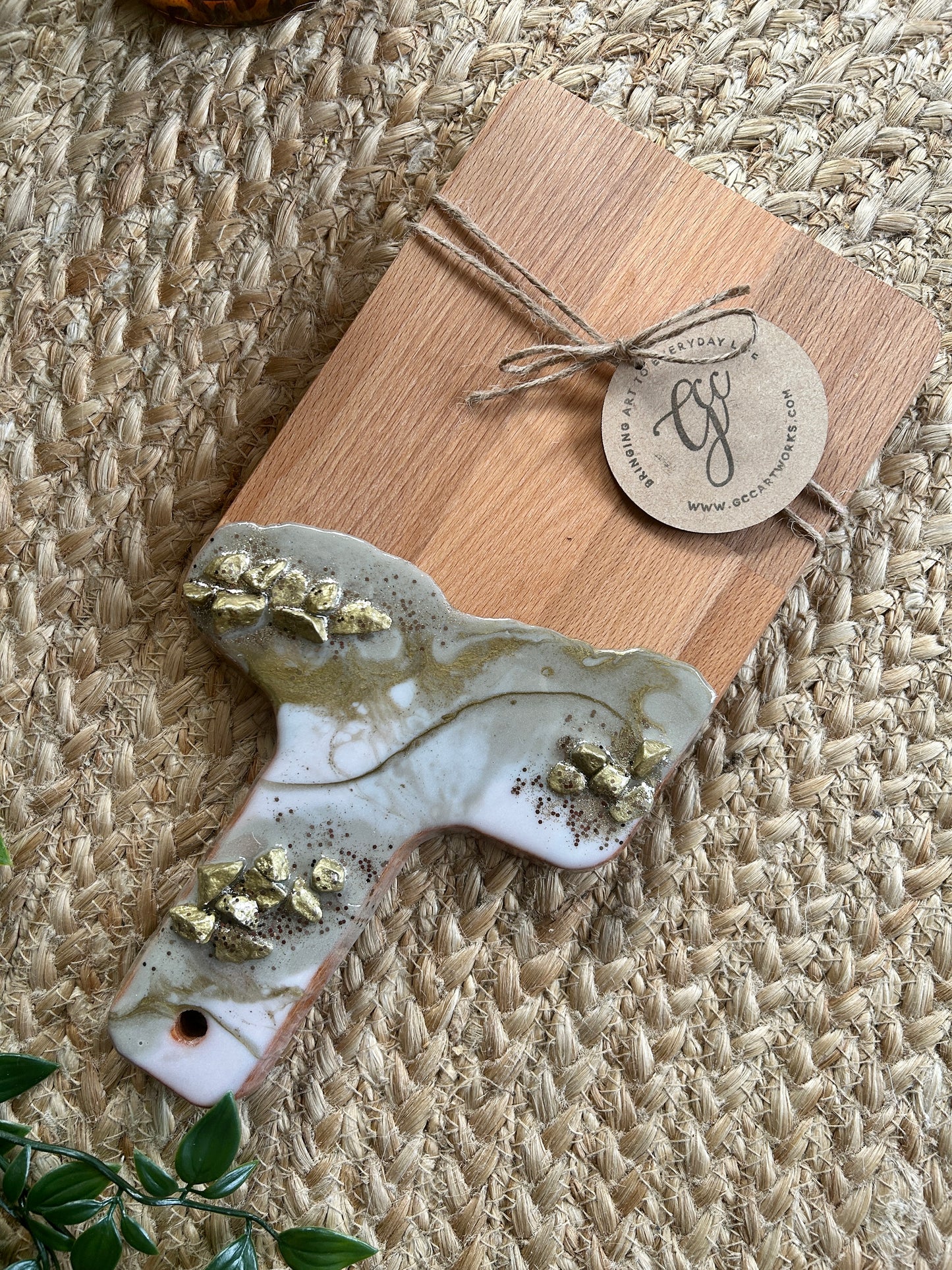 Individual Resin Art Beech Wood Serving Paddle - Taupe, White and Gold