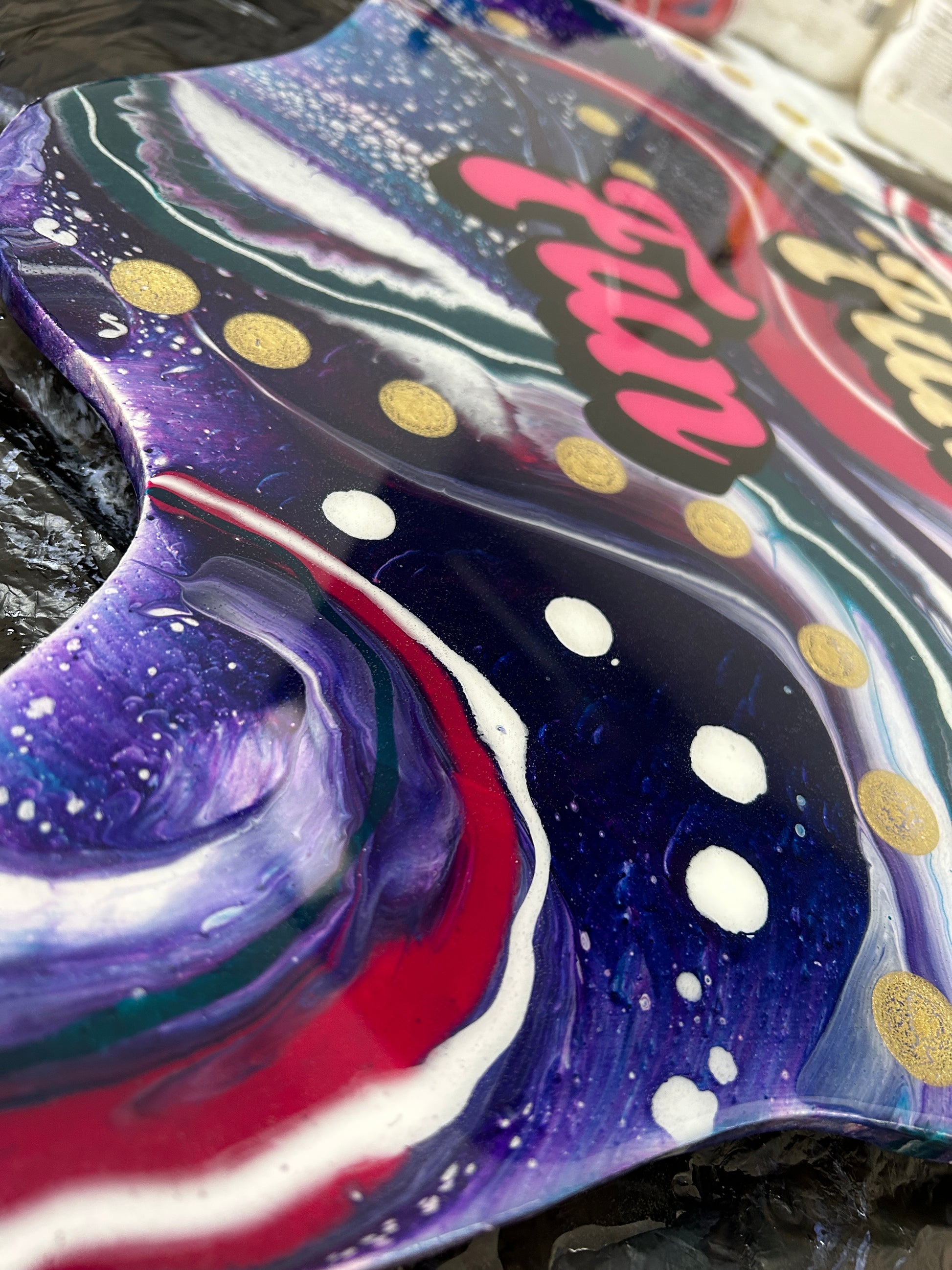 Fun bright and bold unique resin coated acrylic pour artwork in pinks, purples and blues with Fun Fun Fun type. Handmade in the uk by GCC Artworks