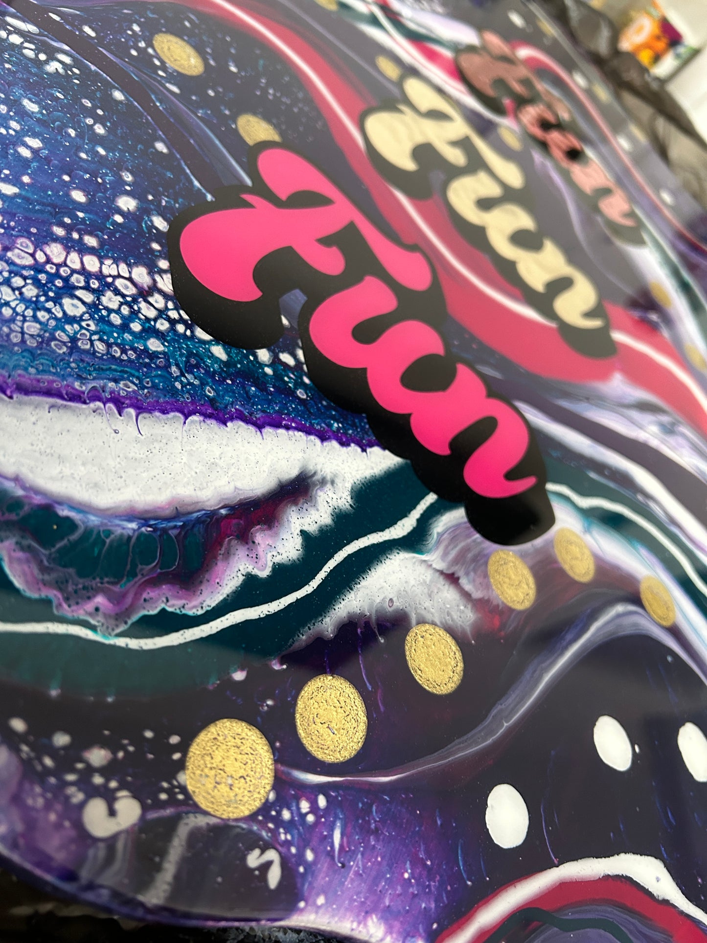 Fun bright and bold unique resin coated acrylic pour artwork in pinks, purples and blues with Fun Fun Fun type. Handmade in the uk by GCC Artworks