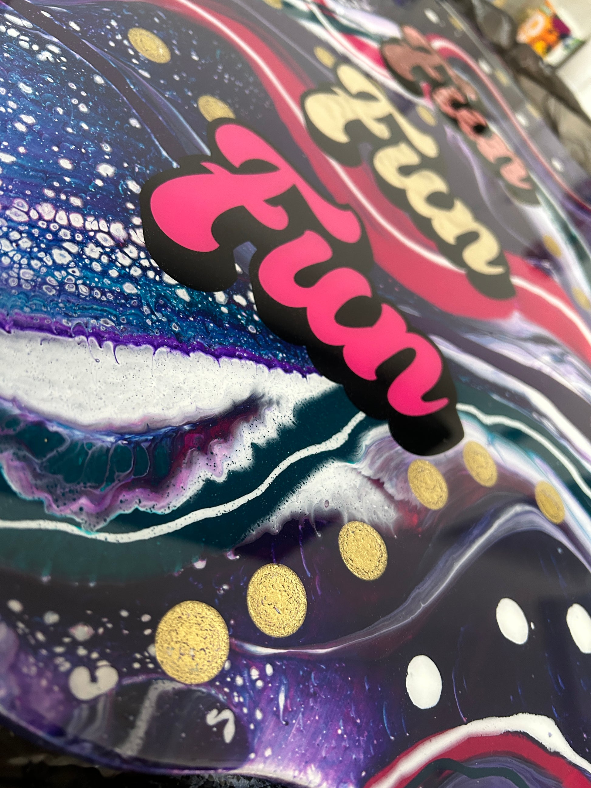 Fun bright and bold unique resin coated acrylic pour artwork in pinks, purples and blues with Fun Fun Fun type. Handmade in the uk by GCC Artworks
