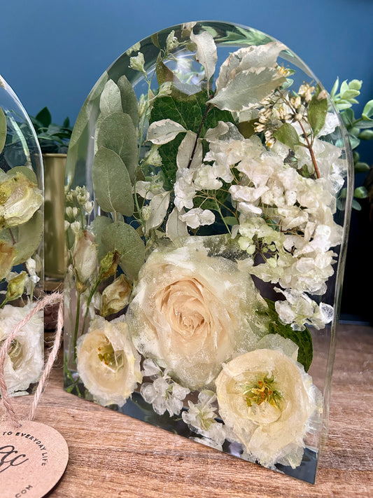 Memorial wedding flowers preserved in resin arch keepsake, perfect book end or home decor piece