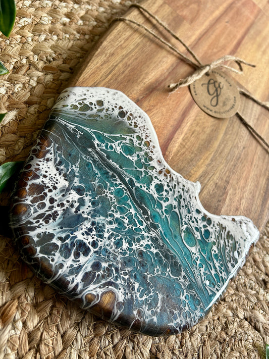 Beautiful and functional, bring a touch of seascape resin art to the party hosting with this unique handcrafted charcuterie board.
