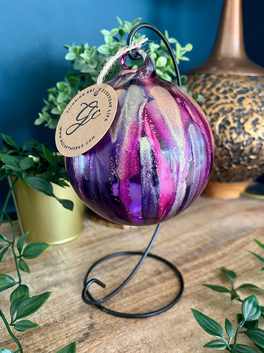 Hand-painted alcohol ink glass bauble candleholder in purple and gold – hanging ornament by GCC Artworks