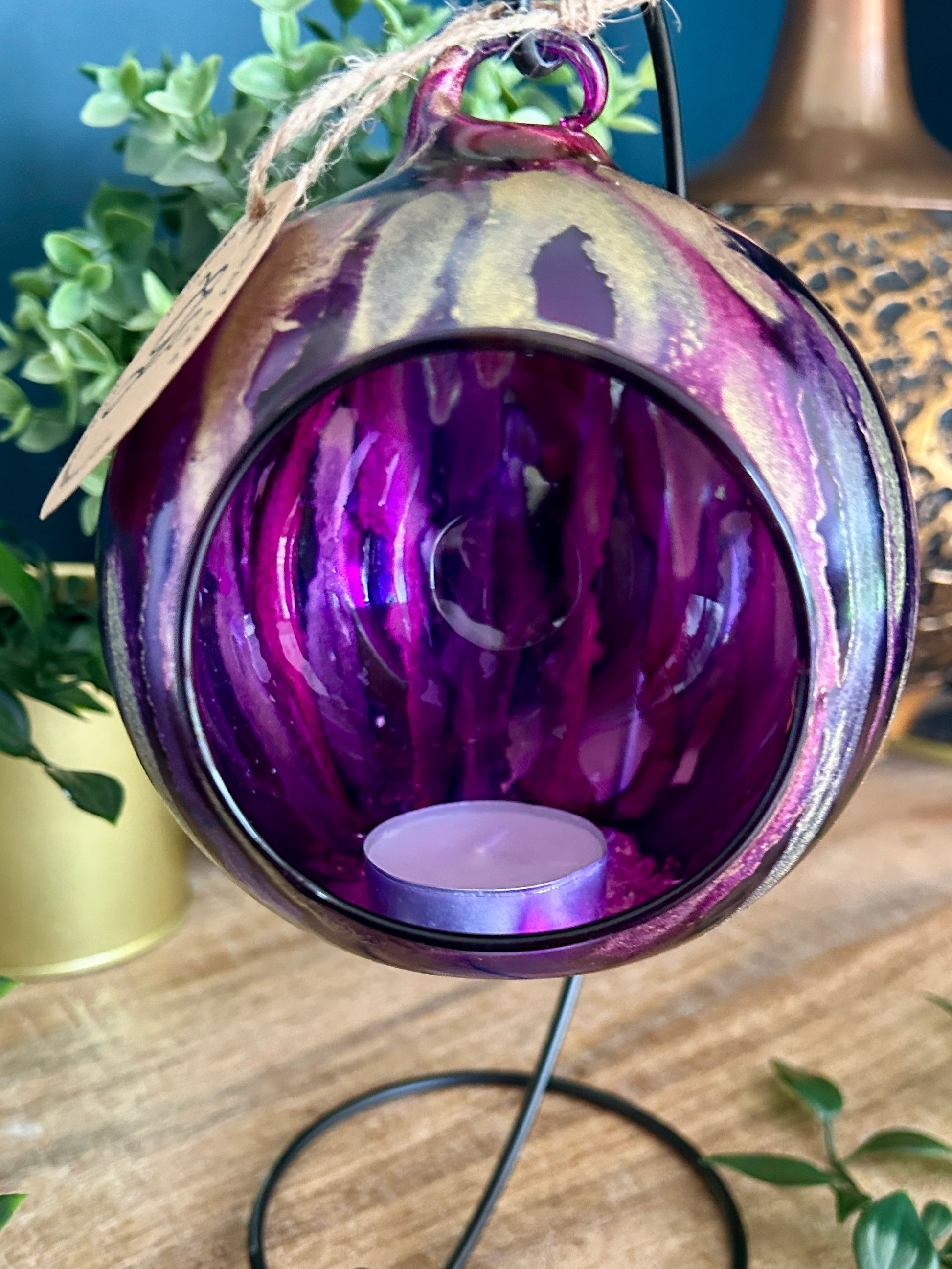 Hand-painted alcohol ink glass bauble candleholder in purple and gold – hanging ornament by GCC Artworks