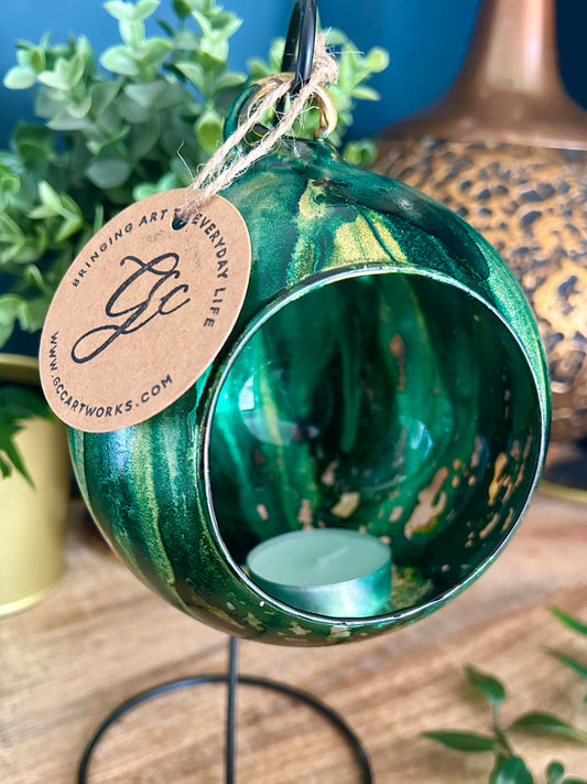 Hand-painted alcohol ink glass bauble candleholder in green and gold – hanging ornament by GCC Artworks