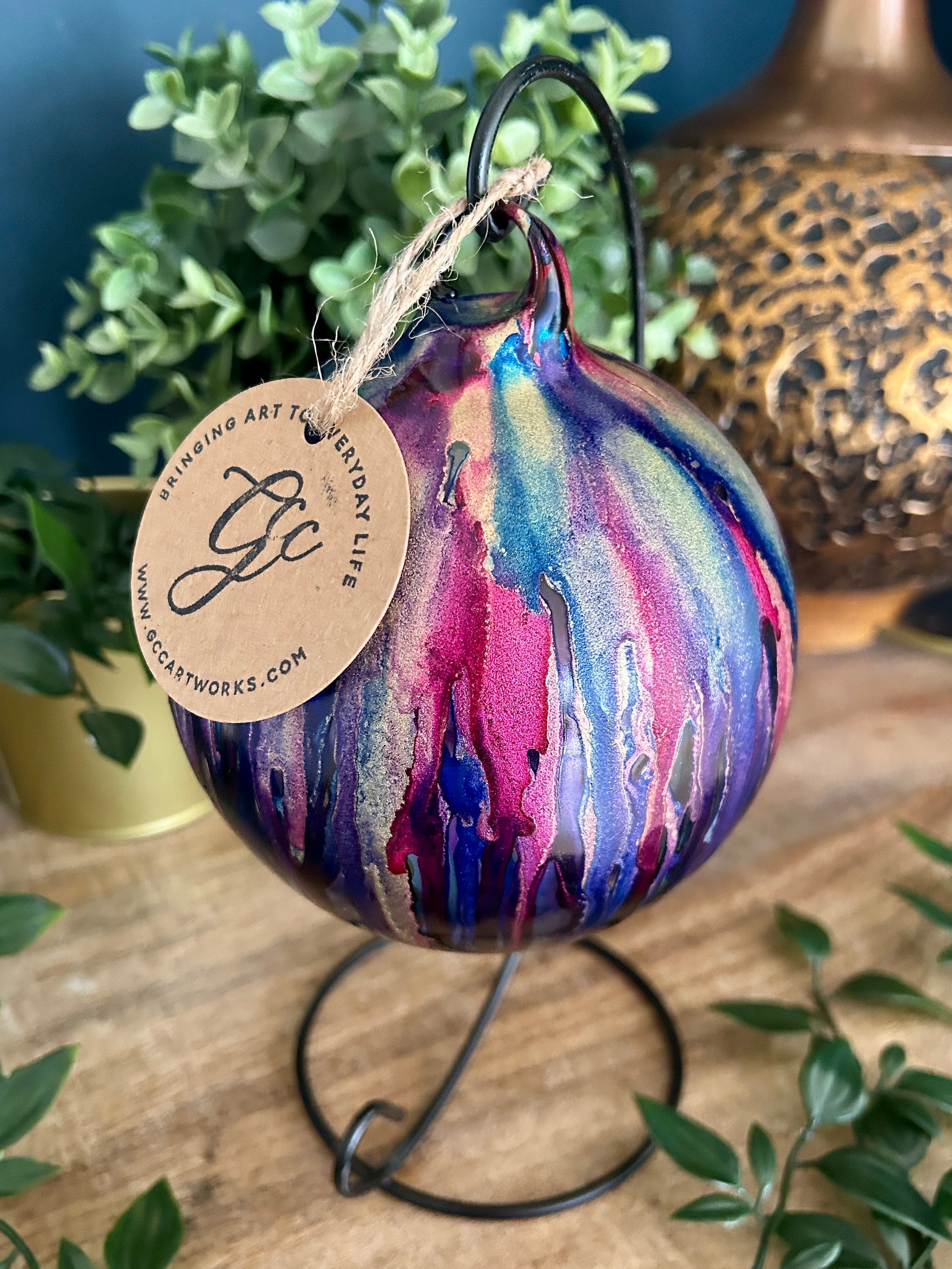 Hand-painted alcohol ink glass bauble candleholder in pinks and blues – hanging ornament by GCC Artworks