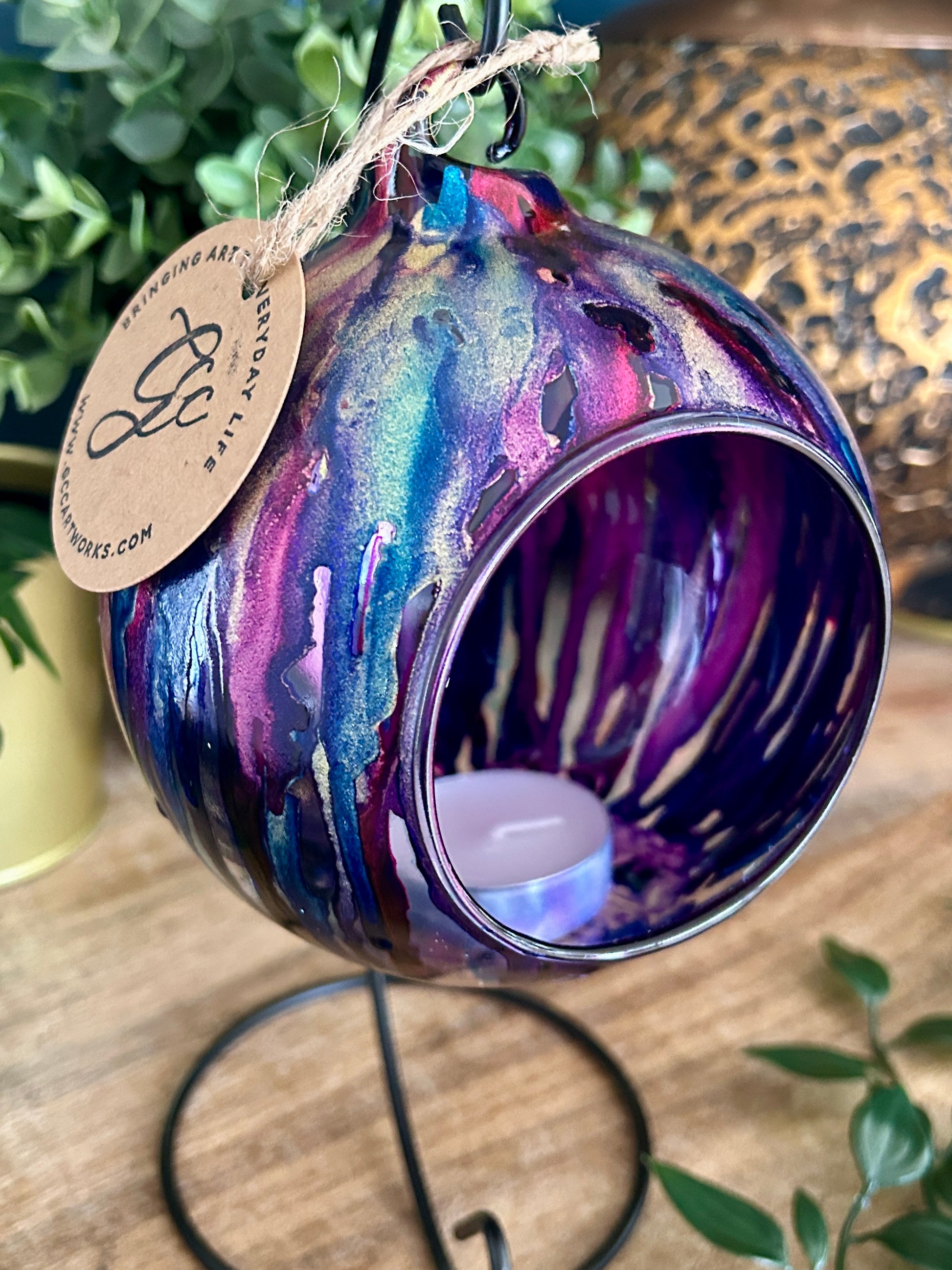 Hand-painted alcohol ink glass bauble candleholder in pinks and blues – hanging ornament by GCC Artworks