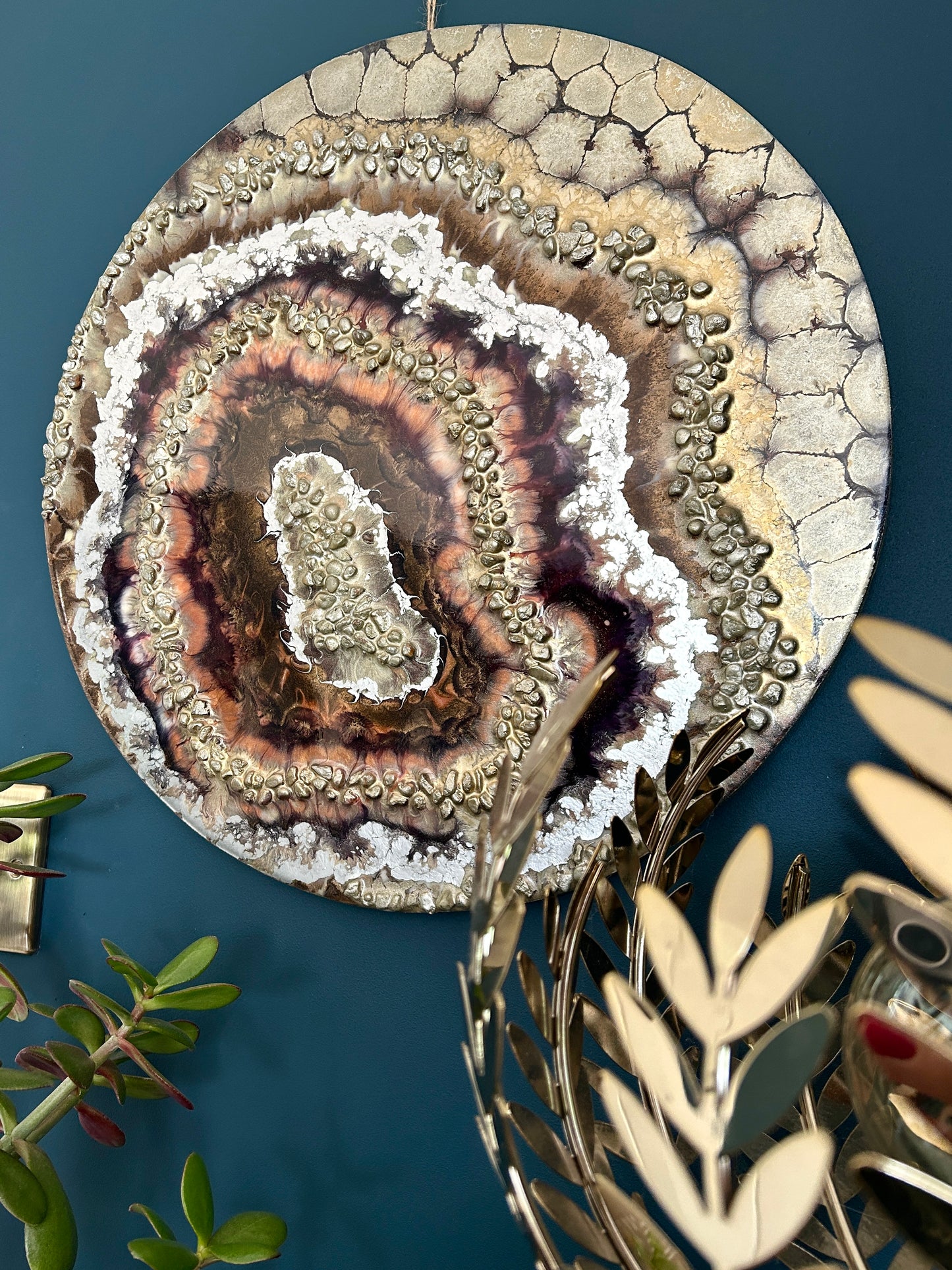 Handcrafted in the UK by GCC Artworks, resin geode artwork in earthy tones with metallic gold and stone texture. Perfect for boho and neutral interiors