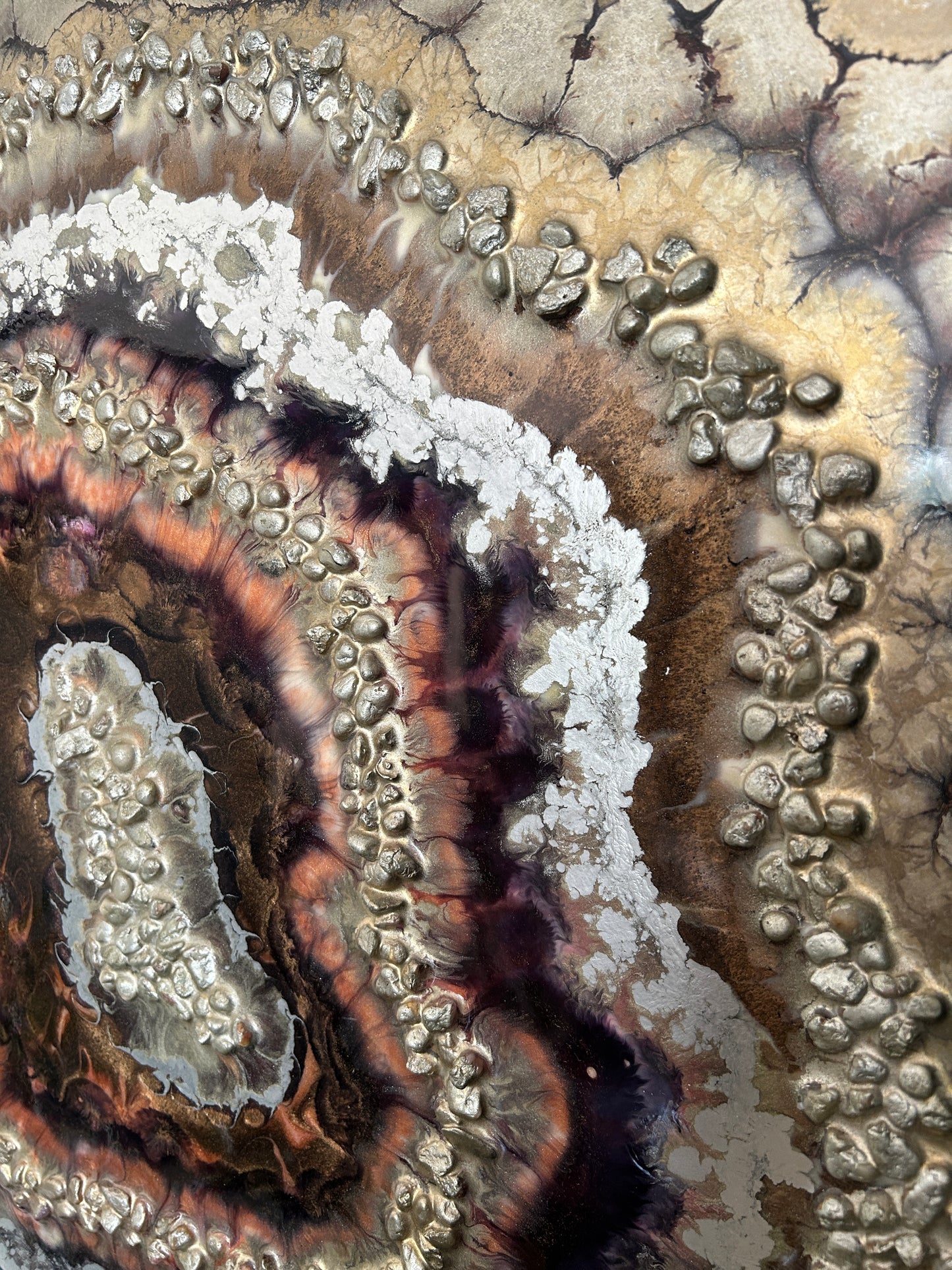 Handcrafted in the UK by GCC Artworks, resin geode artwork in earthy tones with metallic gold and stone texture. Perfect for boho and neutral interiors