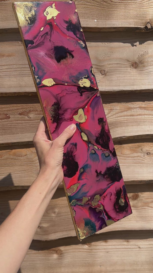 pink and gold bold resin artwork slimline rectangle with gilded gold edging