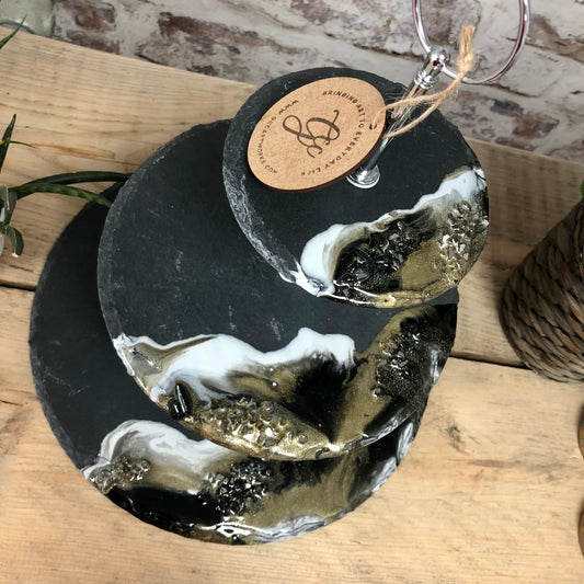 Resin Art 3 Tier Slate Serving Stand - Black, White and Gold