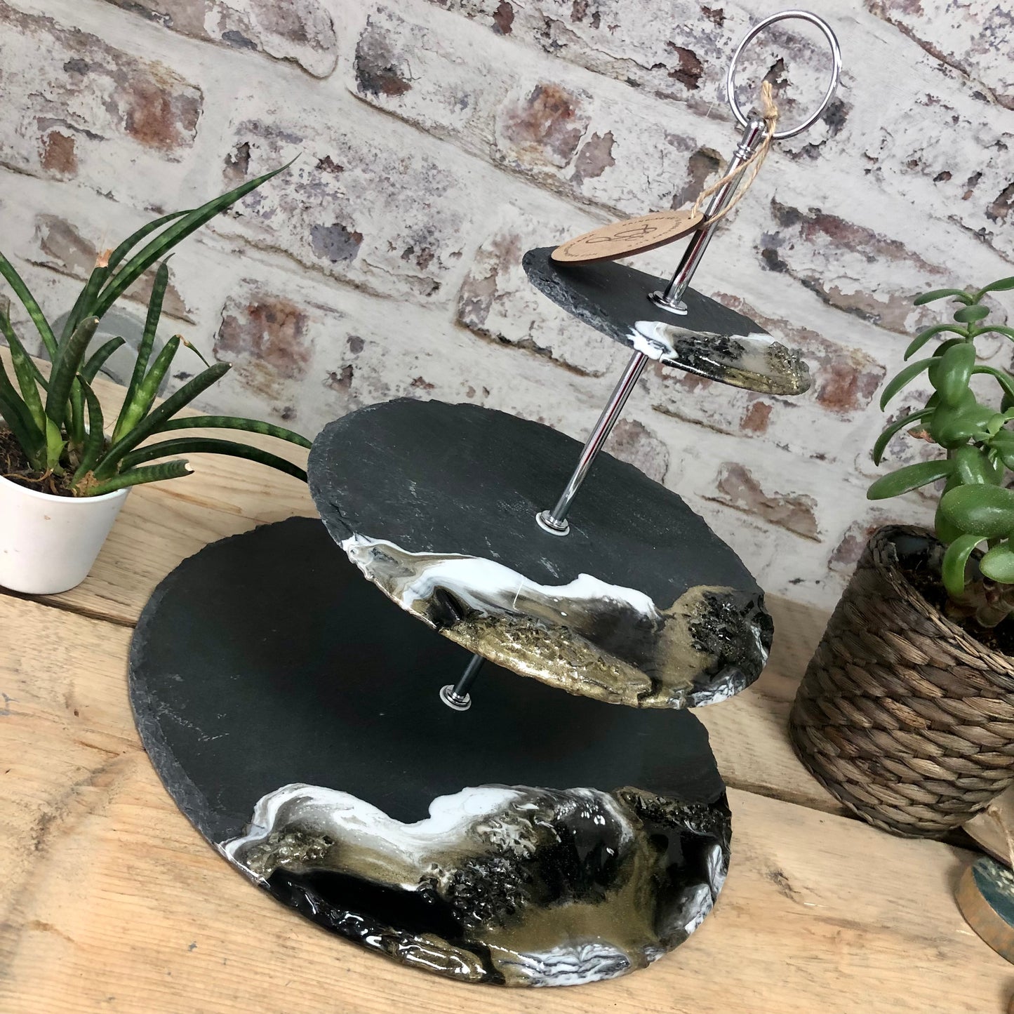 Resin Art 3 Tier Slate Serving Stand - Black, White and Gold