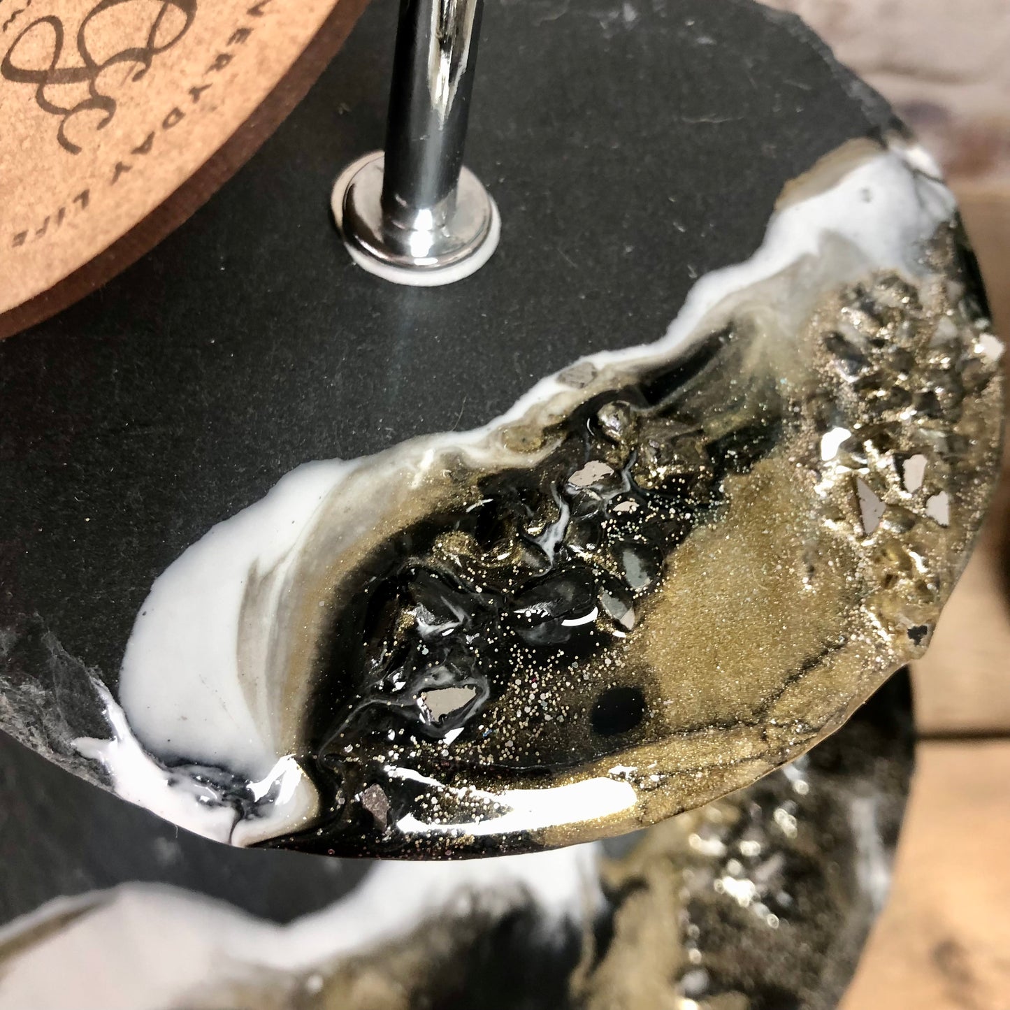 Resin Art 3 Tier Slate Serving Stand - Black, White and Gold