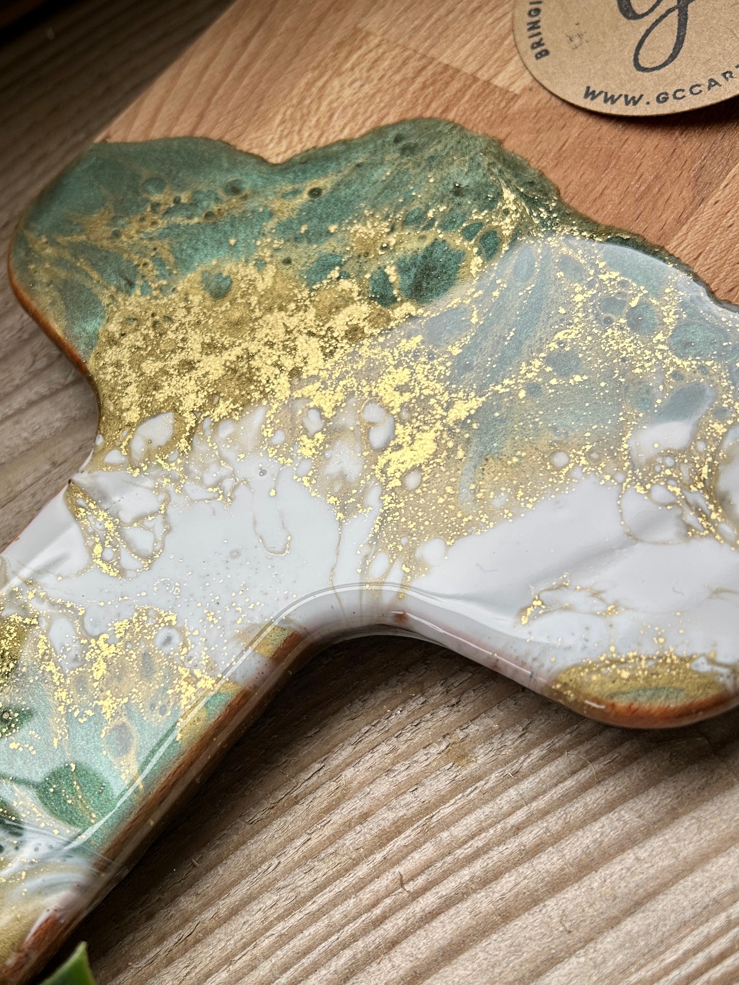 Resin Art Beech Wood Serving Paddle - Green, White and Gold