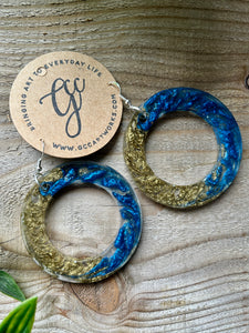 Resin Hoop Earrings - Blue and Gold